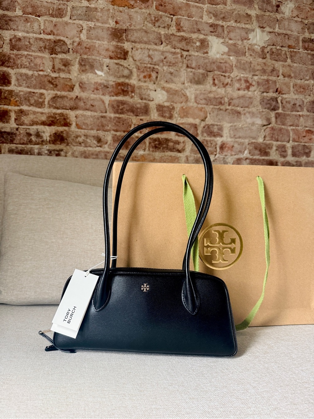 Tory Burch Black Leather Double-Handle Shoulder Bag with Gold Logo